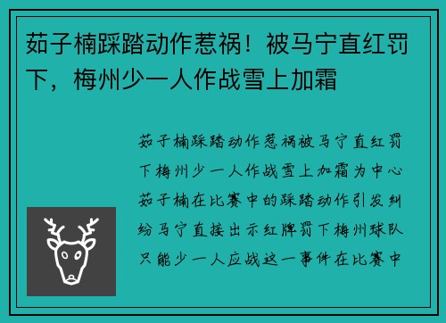 茹子楠踩踏动作惹祸！被马宁直红罚下，梅州少一人作战雪上加霜